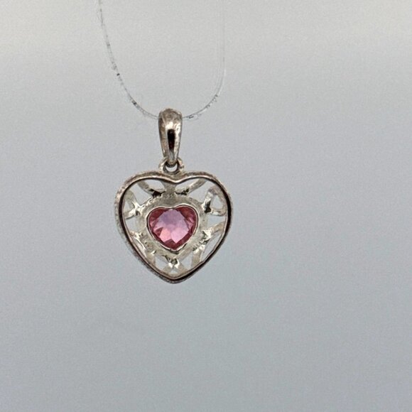 Estate Sterling Silver 925 Heart Pendant Pink Stone Filigree Design 2.6g - Picture 3 of 8